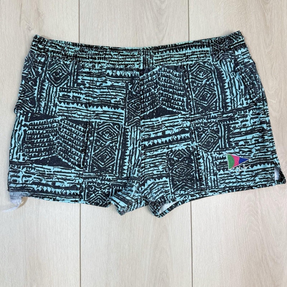 VTG Chams Sportswear Swim Trunks Mens L USA Blue Black Tribal Print Cotton Short